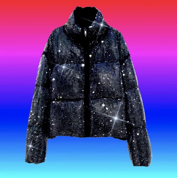 ジャケット・アウター RHINESTONE MA-1 JACKET- BLACK Black Swarovski Rhinestone Puffer Jacket ( Unisex ) - Etsy