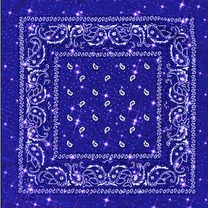 May include: A square, royal blue bandana with a white paisley pattern and a sparkling glitter effect. The design includes a border of small white dots and a central field of white teardrop shapes.