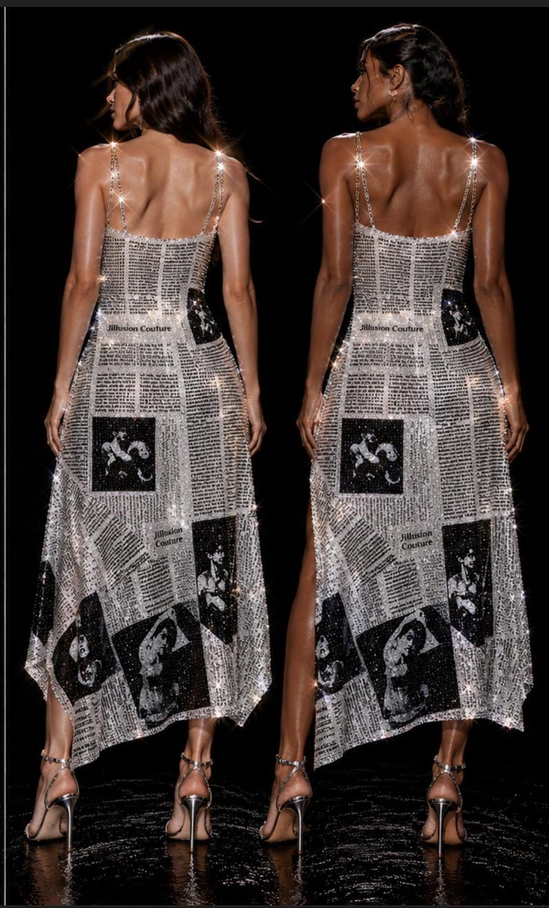 May include: A floor-length dress featuring a newspaper print pattern with black and white text and imagery. The garment is covered in shimmering embellishments, has thin chain-style straps, and displays the text Jillusion Couture throughout.