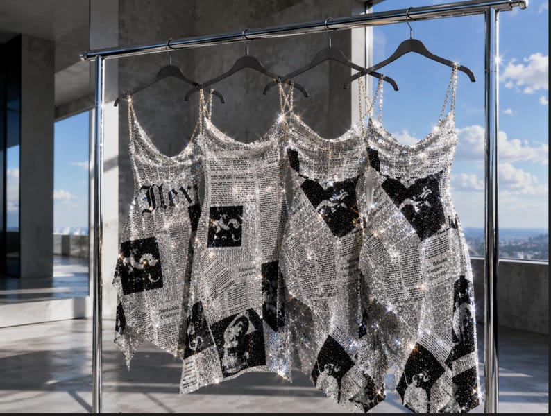 May include: Four sleeveless dresses hanging on a metal rack, each crafted from shimmering silver metallic mesh. The fabric features a black and white newspaper-style print with various graphic illustrations and text blocks, suspended by thin chain straps.