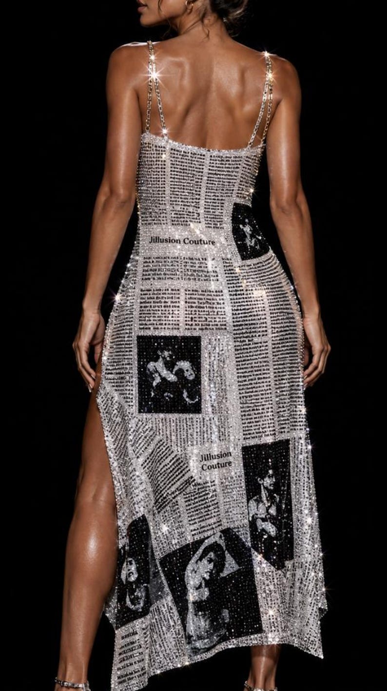 May include: A sleeveless midi dress featuring a silver and black newspaper print pattern with sparkling embellishments. The garment includes thin chain straps, a high side slit, and the text Jillusion Couture printed on the fabric surface.