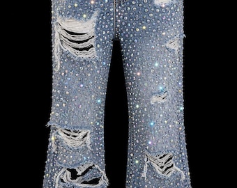 Unisex Flared Stretch Swarovski Embellished ALL OVER Diamond Encrusted Jeans