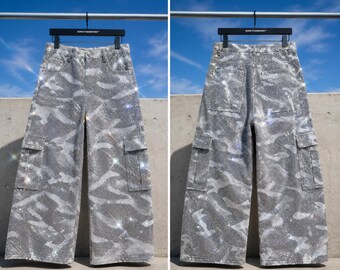 Swarovski Crystal Camo Cargo Pants – Unisex Oversized Wide Leg Baggy Pants – Hand Embellished with SS10 White Diamond Crystals