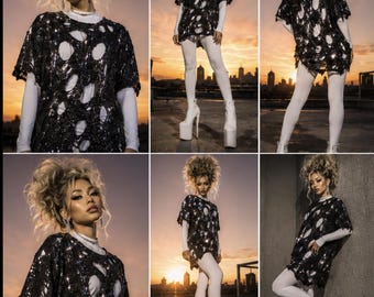 Hand-Destroyed Swarovski® Crystal T-Shirt | Extreme Distressed Luxury Tee | Unisex Rock & Roll Layering Shirt | Made to Order