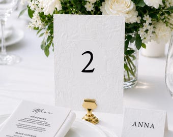 Wedding Table Numbers, Embossed Floral Table Number Signs, Elegant Wedding Reception Decor, Custom Wedding Signage, Table Centrepiece, EM-02