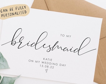 Bridesmaid Wedding Day Card Personalised, To my bridesmaid on my wedding day card, wedding day card for bridesmaid, wedding day cards, WD60