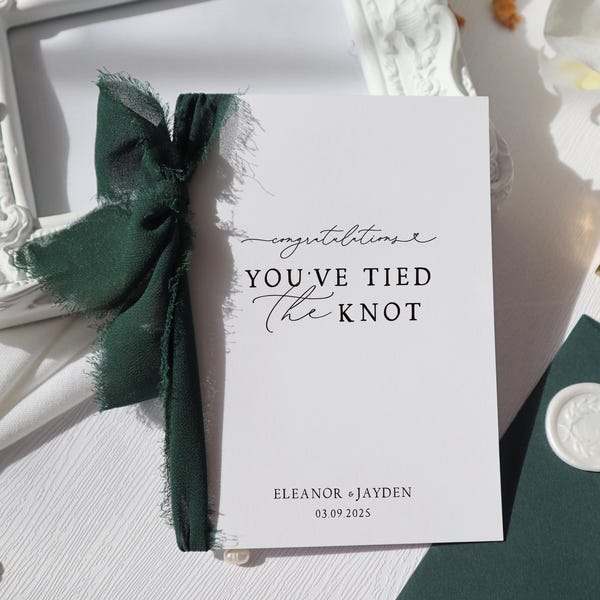 Personalised Wedding Congratulations Card with Ribbon and Wax Seal Custom Names for Couple, ri-80