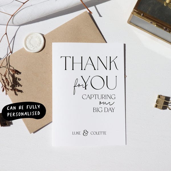 Gracias por capturar nuestro gran día, tarjeta de agradecimiento al fotógrafo, tarjeta de agradecimiento al proveedor de la boda, tarjeta de agradecimiento de boda, co-a17