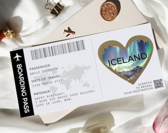 Iceland scratch card, scratch reveal boarding pass, you're going to Iceland card, personalised birthday card, holiday scratch ticket, ST-01