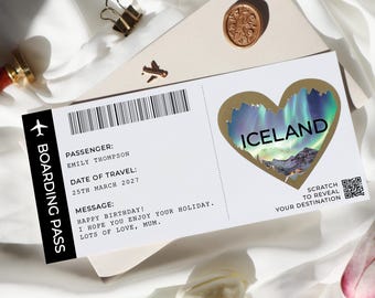 Cartes à gratter aurores boréales, carte à gratter islande, carte à gratter pour les fêtes, billet pour les fêtes à gratter, carte de voyage surprise, ST-01