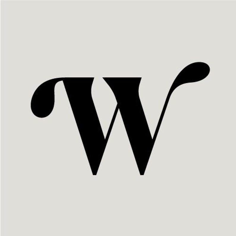 May include: A black stylized letter W with a flourish at the end of the letter.