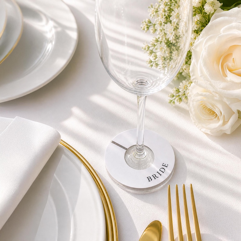 Op de afbeelding: Een helder wijnglas staat op een witte ronde onderzetter met het woord BRIDE in een zwart schreeflettertype. De onderzetter heeft een dunne zilveren lijndetail. Het glas staat bij witte rozen, een wit bord met een gouden rand en gouden bestek.