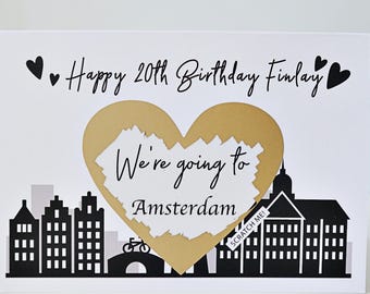 carte d&#39;anniversaire à gratter, carte d&#39;anniversaire à gratter, anniversaire à gratter et révéler, carte vous allez amsterdam, avec jeux de mots, BS103