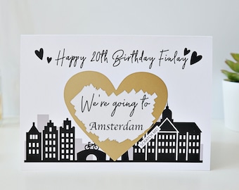 birthday scratch card, birthday scratch holiday card, birthday scratch and reveal, you're going to amsterdam card, withpuns, BS103