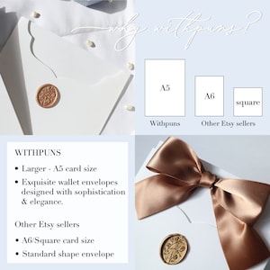 May include: A comparison of envelope sizes for Etsy sellers. The larger A5 size is offered by Withpuns, while other Etsy sellers offer the smaller A6 and square sizes. The image shows a white envelope with a gold wax seal and a brown satin ribbon.