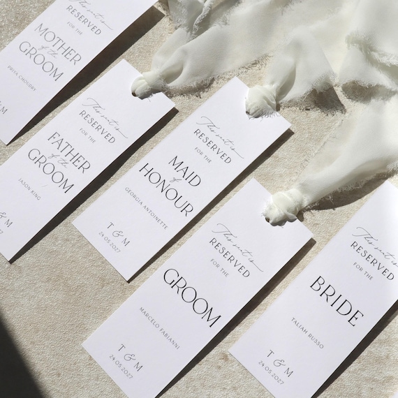 Personalised Reserved Seat Tag, wedding ceremony reserved seating tags, chiffon ribbon, personalised wedding chair reservation sign TG-06