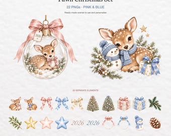 Fawn Christmas Set: 22 PNGs, Pink and Blue Fawn Clipart with Snowman, Trees, Bows and Gifts