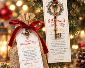 May include: A burlap drawstring pouch labeled Magic Reindeer Food with a red velvet ribbon and a reindeer illustration, paired with a rectangular tag titled Santa's Magic Key featuring a vintage-style brass key and a small metal bell attached.