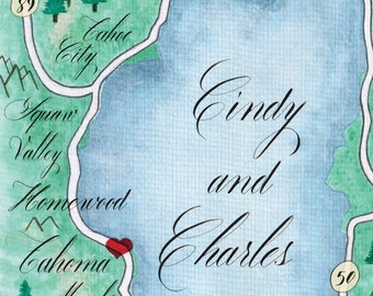 Printable Lake Tahoe Watercolor map for wedding invitations. Instant download.