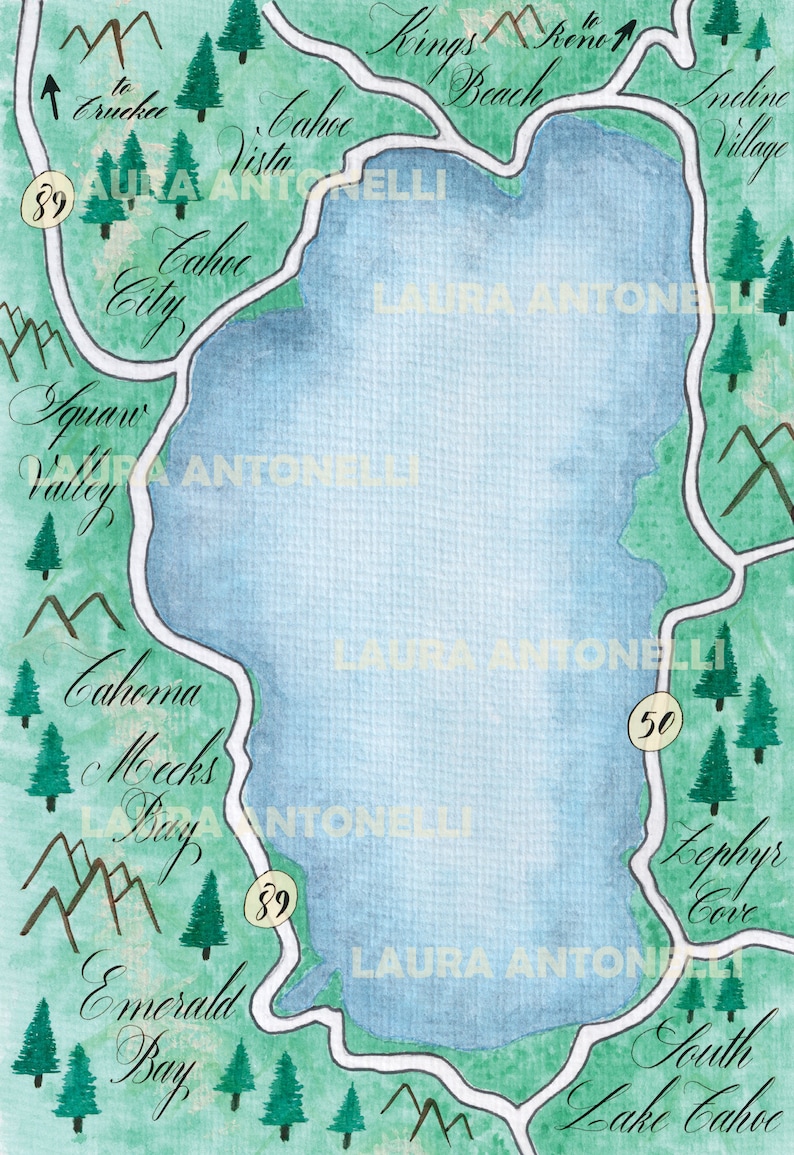 Printable Lake Tahoe Watercolor Map for Wedding Invitations. - Etsy