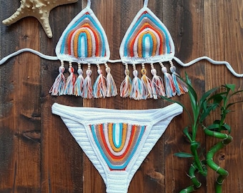 Crochet boho bikini set, colored striped swimsuit, swimwear, festival bikini, Brazilian bikini set, Crochet bathing suit