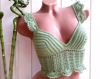 Crochet summer top, crochet cotton top, crochet crop top, halter top, crochet boho top, crochet lace blouse, boho hippie green crochet top