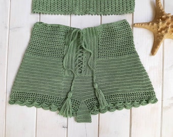 Handmade Crochet Cotton Shorts, crochet boho Beachwear, custom made