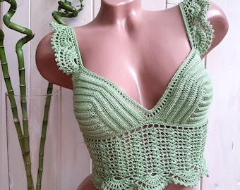 Crochet summer top, crochet cotton top, crochet crop top, halter top, crochet boho top, crochet lace blouse, boho hippie green crochet top