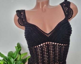 Handmade Crochet Cotton Crop Top: Boho Halter Lace Blouse