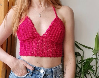 Crochet cotton top, pink crochet crop top, crochet halter top, trendy summer tops, cotton knit top, boho crop top, crochet lace lingerie