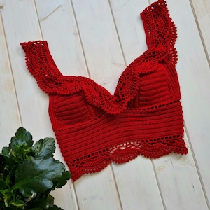 Crochet crop top with ruffles, crochet halter top,  festival crop top, crochet boho top, red lace top, gift for her, knit top, Coachella top