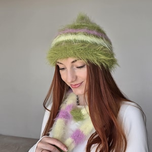 Hand Knitted Merino Wool Pixie Hat, Green Pink Striped Fuzzy Beanie