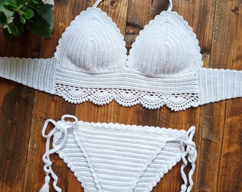 White Crochet Bikini Set, Handmade Boho Swimsuit, Lace Crop Top Bikini, Festival Beachwear