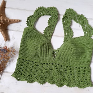 Crochet Summer Top, Crochet Boho Top, Cotton Crop Top, Crochet Lace Blouse, Boho Hippie green Crochet Top, Halter Top, Coachella