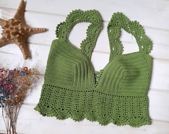 Handmade Crochet  Crop Top, Green Boho Lace Cotton Blouse, Custom Made