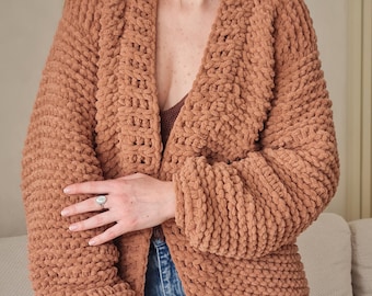 Trendy chunky plush cardigan. Cozy women's handmade cardigan, soft and fluffy cardigans