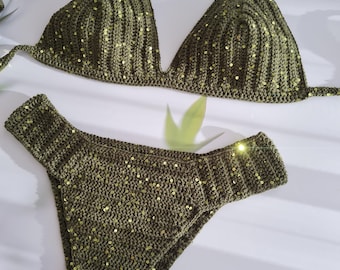 Bikini de crochet con lentejuelas hecho a mano: traje de baño verde caqui brillante