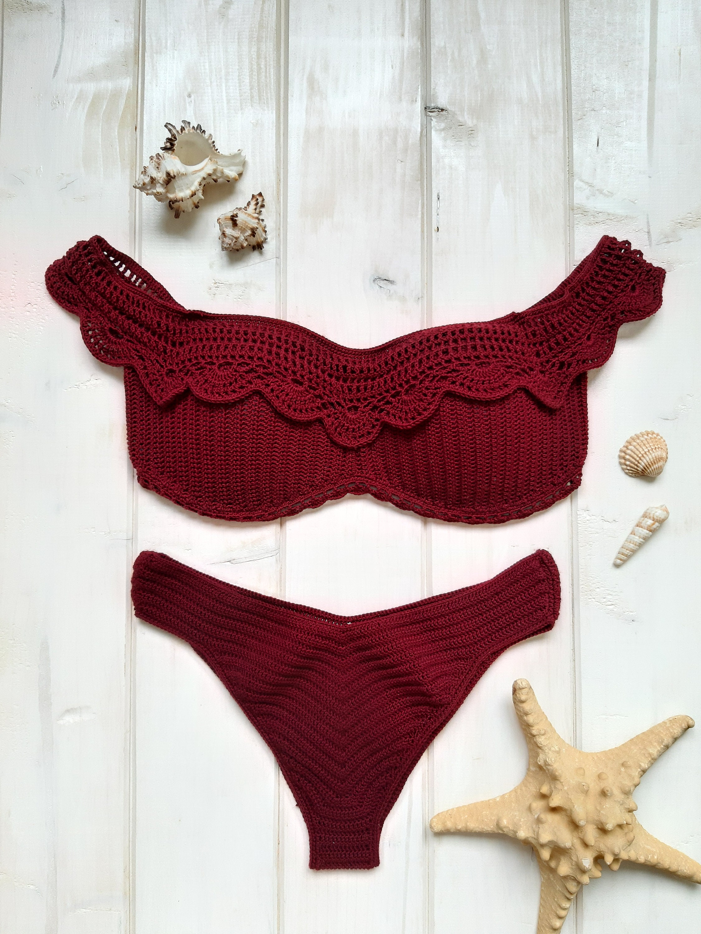 Thread Crochet Less Bikini Crochet Lace Bikini, Crochet Swimsuit, Handmade Swimwear, Burgundy ...