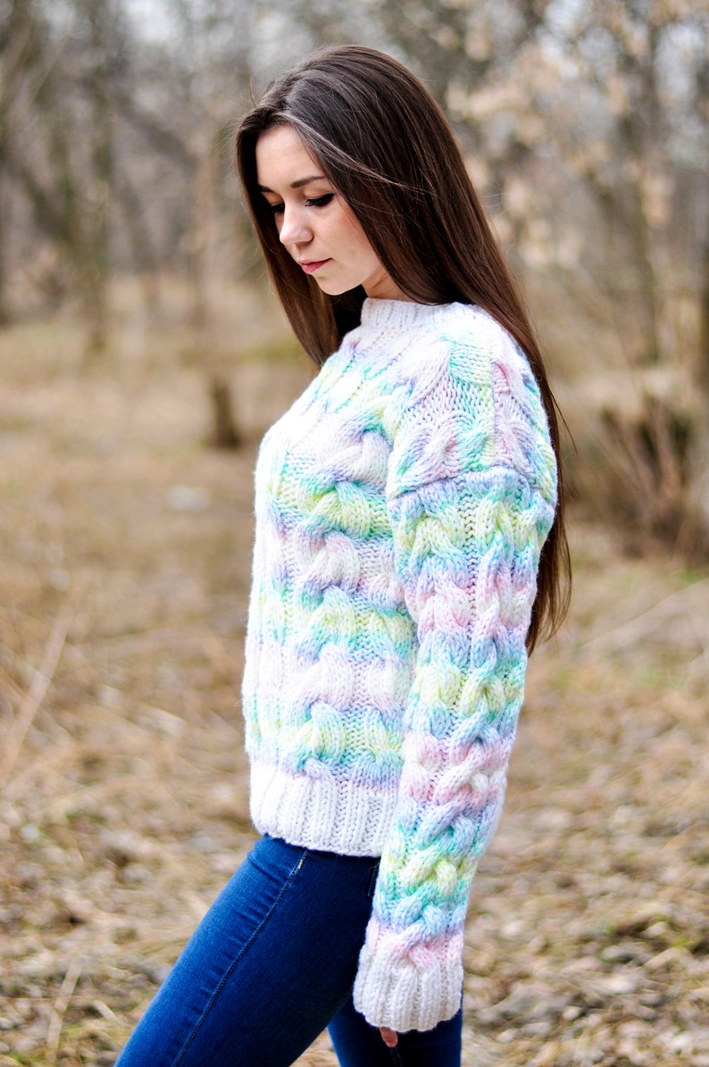 Women knitted sweater rainbow color hand made work Etsy