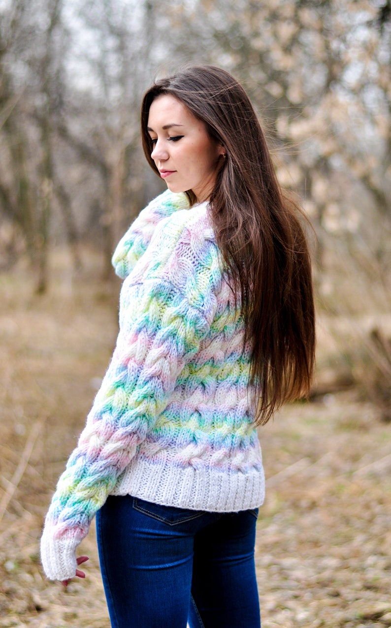 Women knitted sweater rainbow color hand made work Etsy