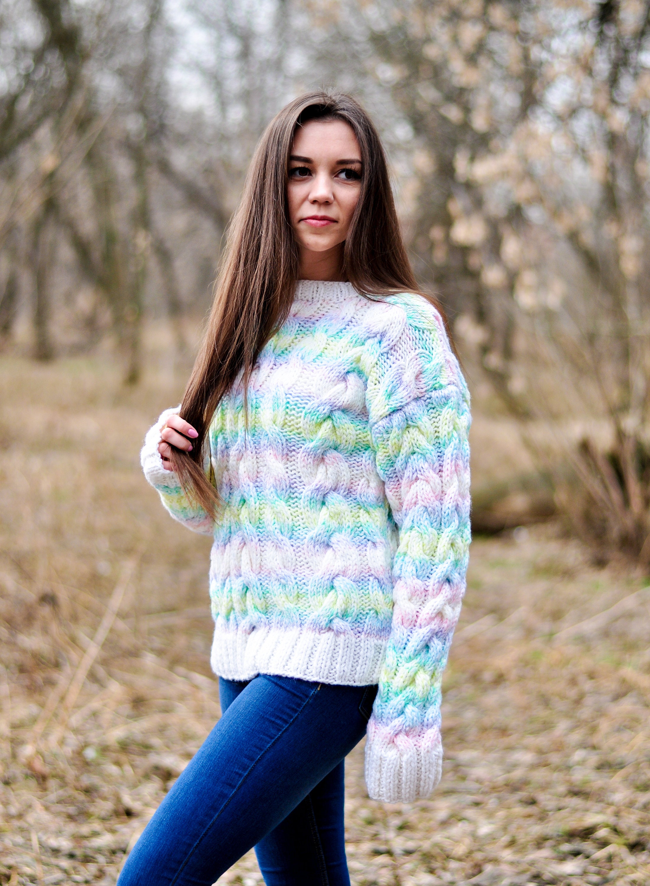 Women knitted sweater rainbow color hand made work | Etsy