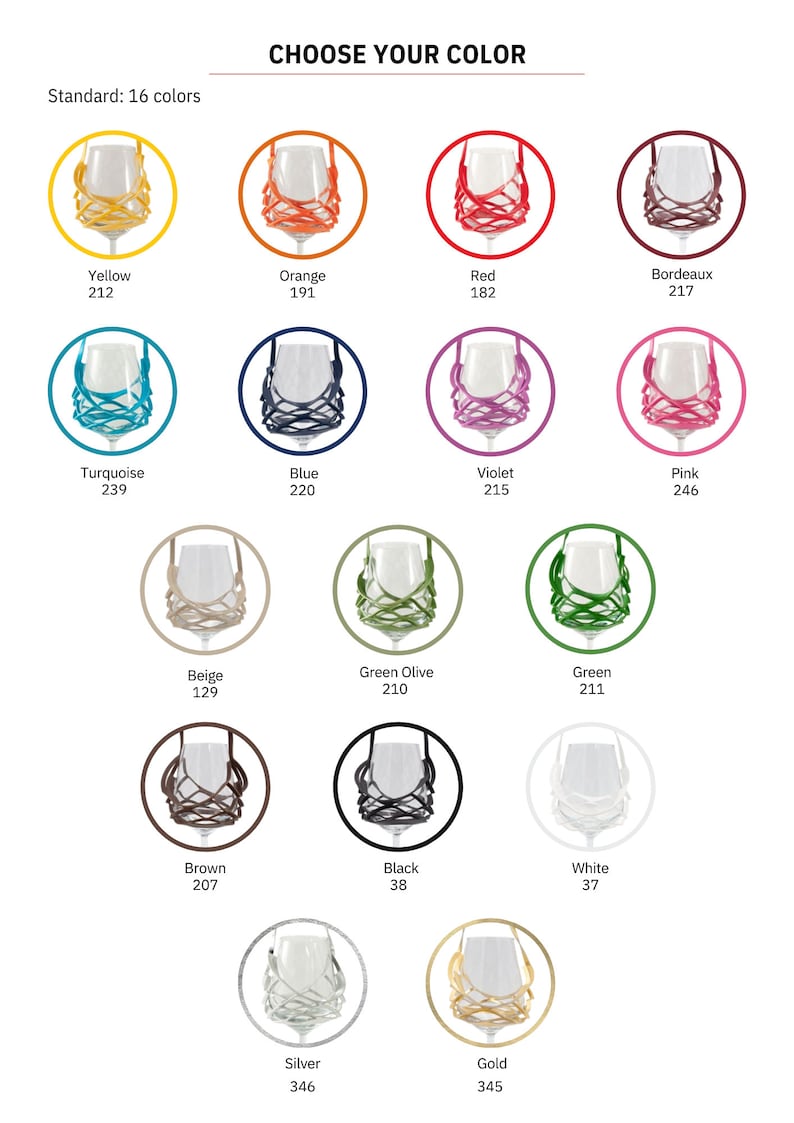 May include: A chart showing 16 different colors of wine glass charms. The colors are yellow, orange, red, turquoise, blue, violet, pink, beige, green olive, green, brown, black, white, silver, and gold. Each color is represented by a circle with a wine glass charm inside.