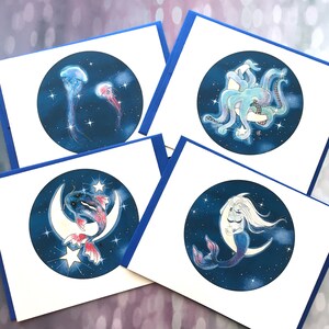 Ensemble de cartes sirènes cosmiques et créatures marines