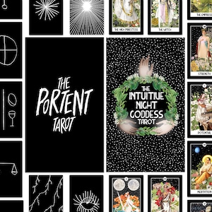 May include: A collection of tarot cards with black and white illustrations and text. The set includes cards with symbols, the words "The Portent Tarot", and "The Intuitive Night Goddess Tarot". Some cards feature detailed artwork.