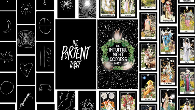May include: A collection of tarot cards with black and white illustrations and text. The set includes cards with symbols, the words "The Portent Tarot", and "The Intuitive Night Goddess Tarot". Some cards feature detailed artwork.