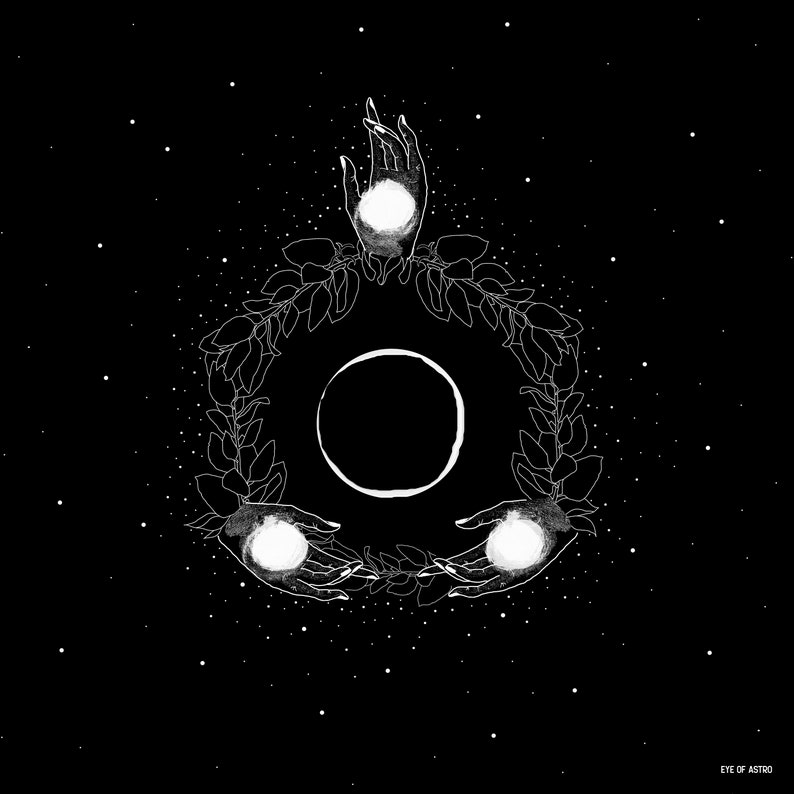 May include: A black and white illustration of three hands holding a crescent moon shape surrounded by a wreath of leaves against a black starry background. The text "EYE OF ASTRO" is at the bottom of the image.
