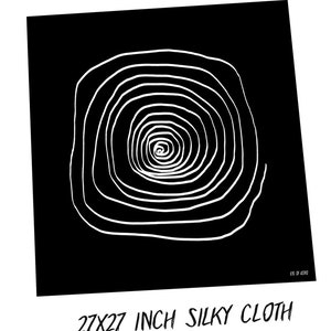 May include: Black and white abstract design of a spiral on a 27x27 inch silky cloth. The design is reminiscent of a hypnotic eye.