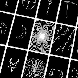 May include: A collection of black tarot cards with white line drawings. The cards feature various symbols, including a crescent moon, lightning bolts, and a radiating sun. The overall design is minimalist and mystical.