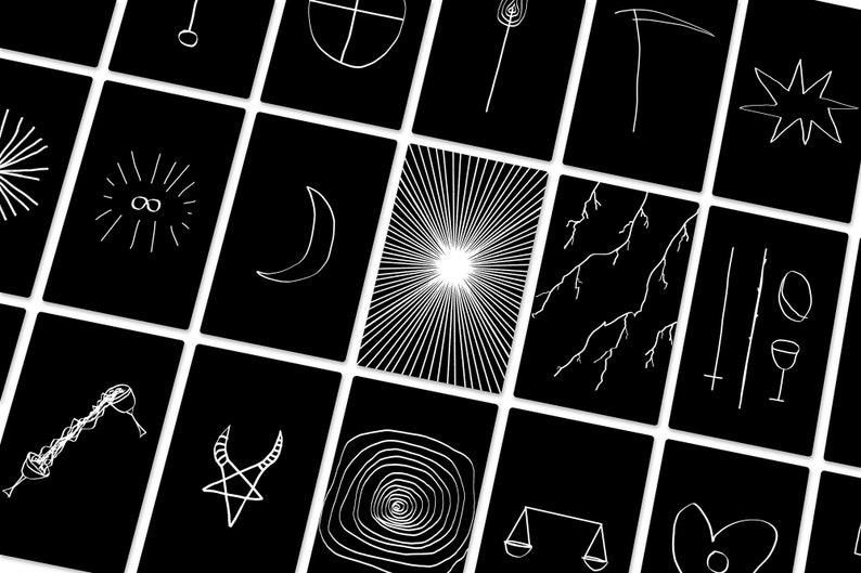 May include: A collection of black tarot cards with white line drawings. The cards feature various symbols, including a crescent moon, lightning bolts, and a radiating sun. The overall design is minimalist and mystical.