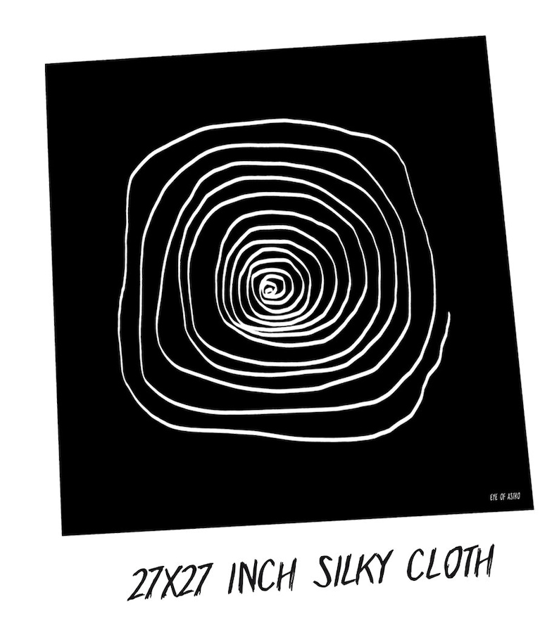 May include: Black silky cloth with a white spiral design. The cloth measures 27x27 inches. The text "27x27 INCH SILKY CLOTH" is at the bottom of the image, with "EYE OF ASTRO" in the corner.